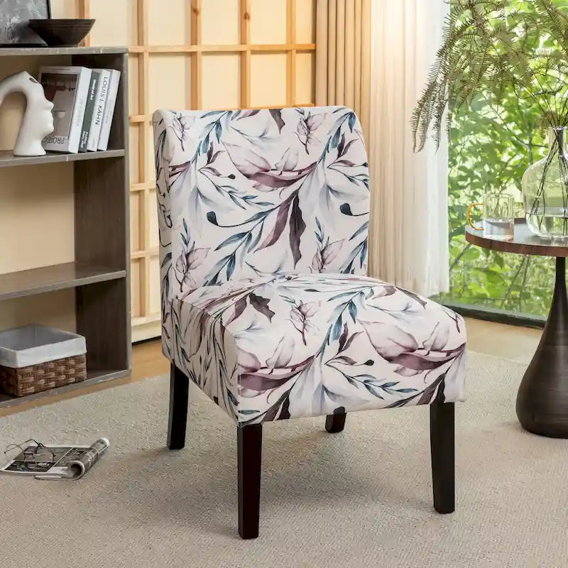Fauteuil d'appoint capitonné floral violet avec pieds en bois