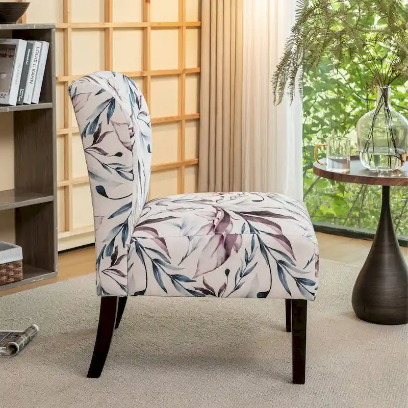 Fauteuil d'appoint capitonné floral violet avec pieds en bois