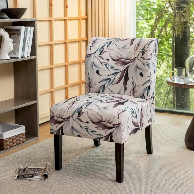 Fauteuil d'appoint capitonné floral violet avec pieds en bois