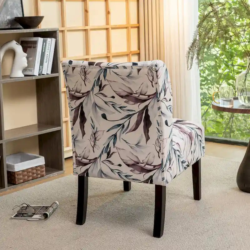 Fauteuil d'appoint capitonné floral violet avec pieds en bois