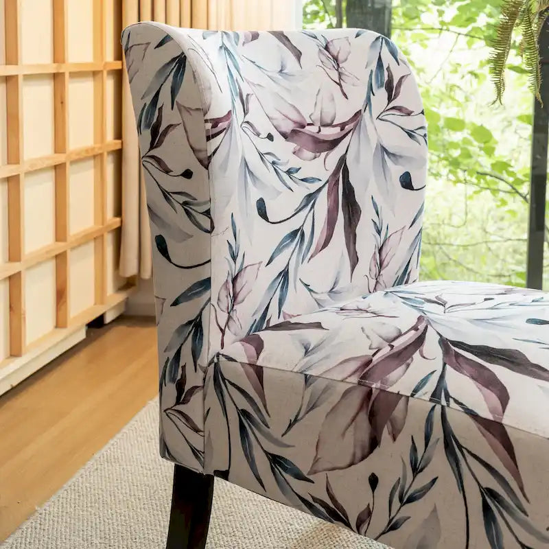 Fauteuil d'appoint capitonné floral violet avec pieds en bois