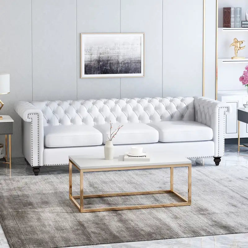 Canapé 3 places blanc 83 Chesterfield capitonné avec clous décoratifs et pieds