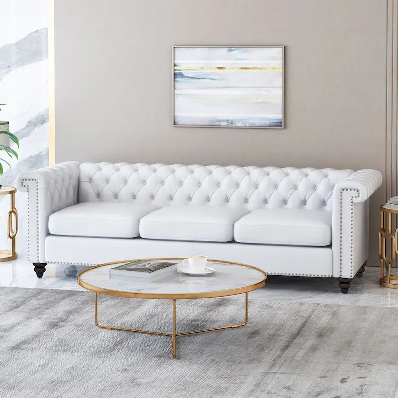 Canapé 3 places blanc 83 Chesterfield capitonné avec clous décoratifs et pieds