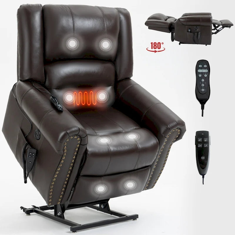 Fauteuil inclinable électrique en cuir véritable marron, réglable en hauteur