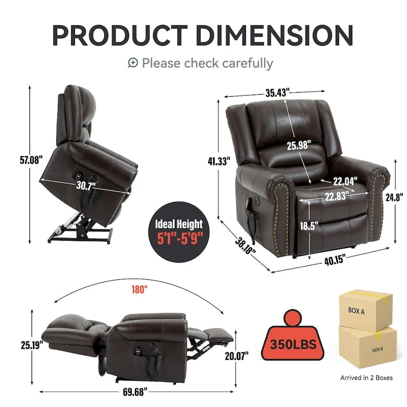 Fauteuil inclinable électrique en cuir véritable marron, réglable en hauteur