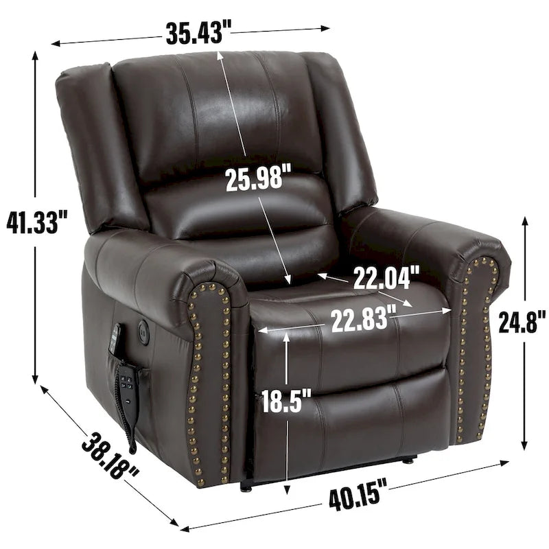 Fauteuil inclinable électrique en cuir véritable marron, réglable en hauteur