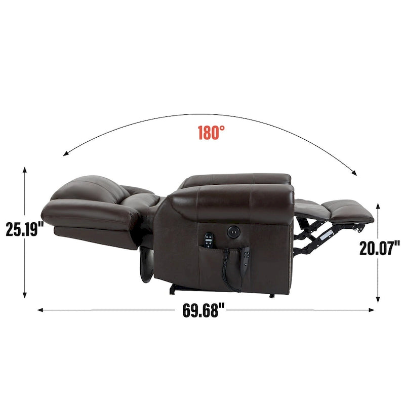 Fauteuil inclinable électrique en cuir véritable marron, réglable en hauteur