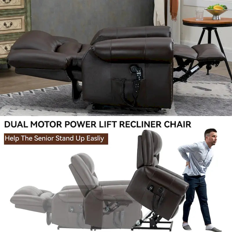 Fauteuil inclinable électrique en cuir véritable marron, réglable en hauteur