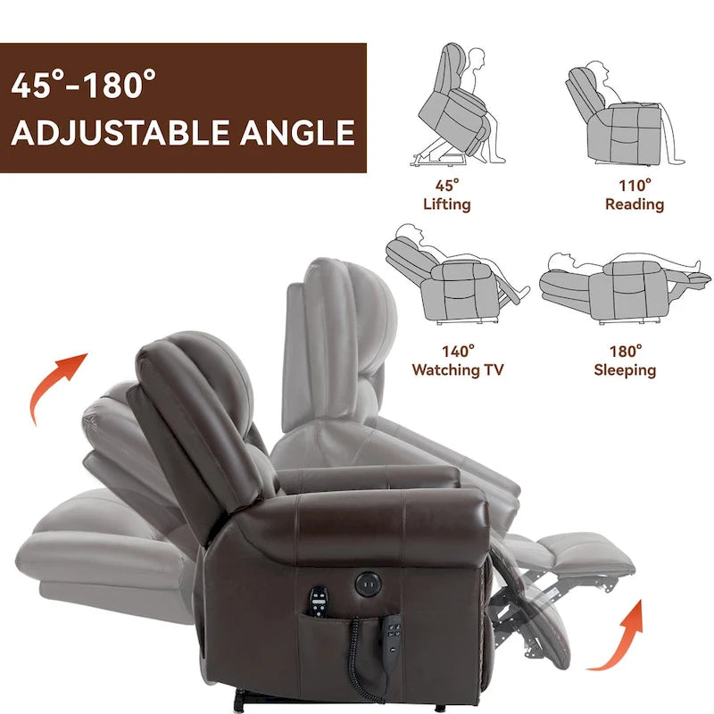 Fauteuil inclinable électrique en cuir véritable marron, réglable en hauteur