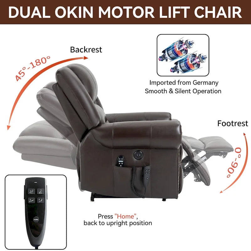 Fauteuil inclinable électrique en cuir véritable marron, réglable en hauteur
