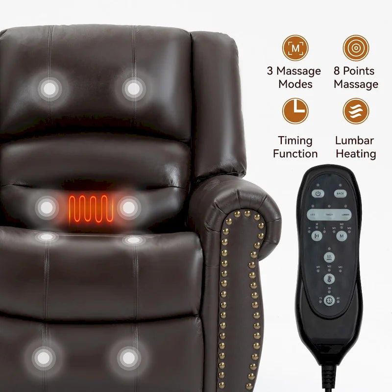 Fauteuil inclinable électrique en cuir véritable marron, réglable en hauteur