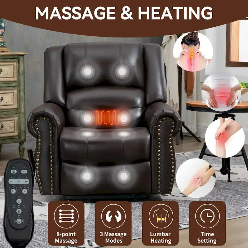 Fauteuil inclinable électrique en cuir véritable marron, réglable en hauteur