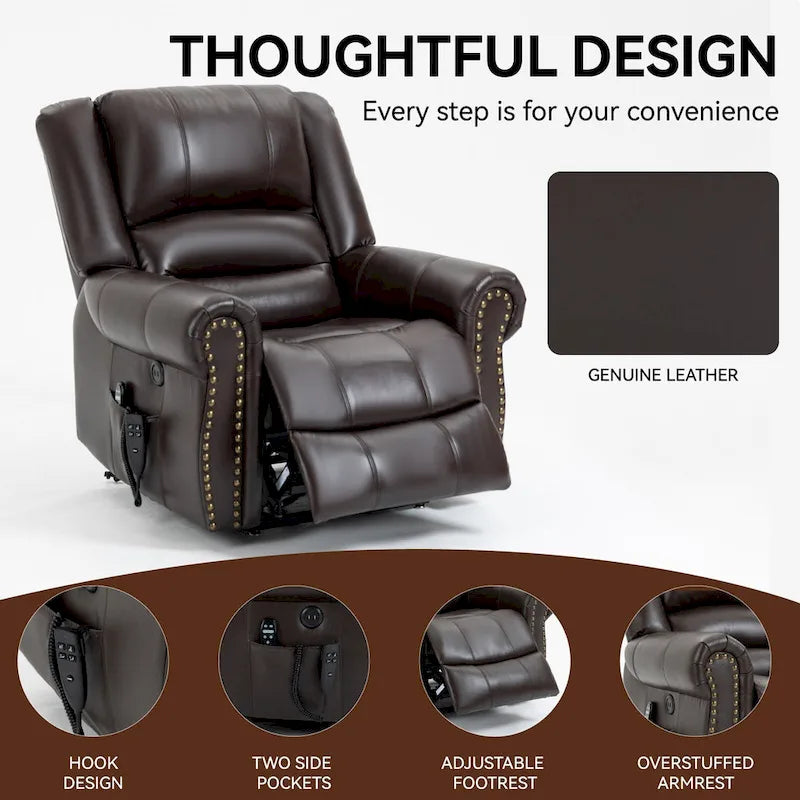 Fauteuil inclinable électrique en cuir véritable marron, réglable en hauteur
