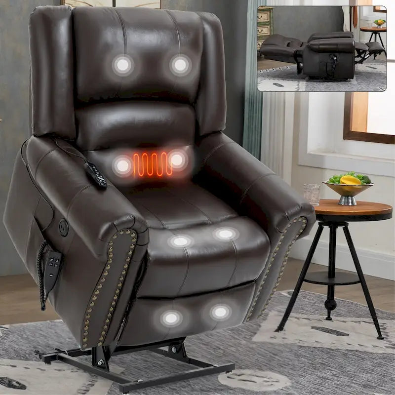 Fauteuil inclinable électrique en cuir véritable marron, réglable en hauteur