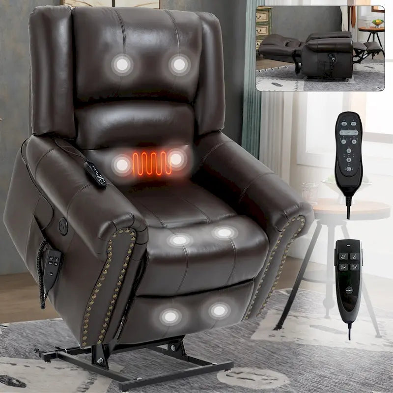 Fauteuil inclinable électrique en cuir véritable marron, réglable en hauteur