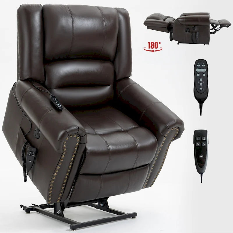 Fauteuil inclinable électrique en cuir véritable marron, réglable en hauteur