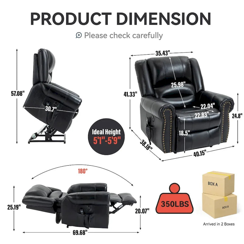 Fauteuil inclinable électrique en cuir véritable marron, réglable en hauteur