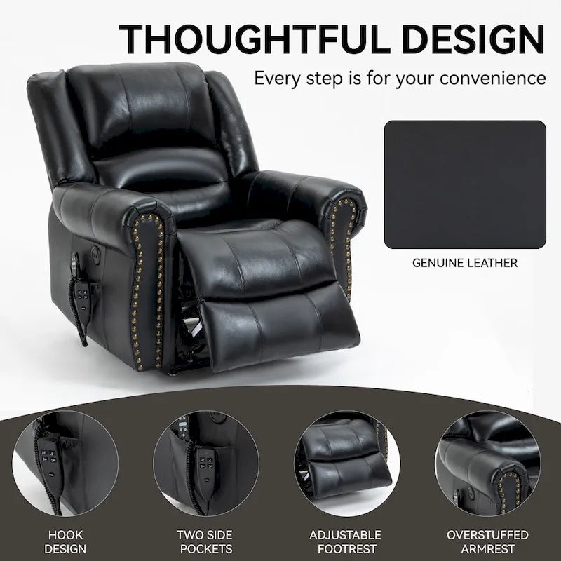 Fauteuil inclinable électrique en cuir véritable marron, réglable en hauteur