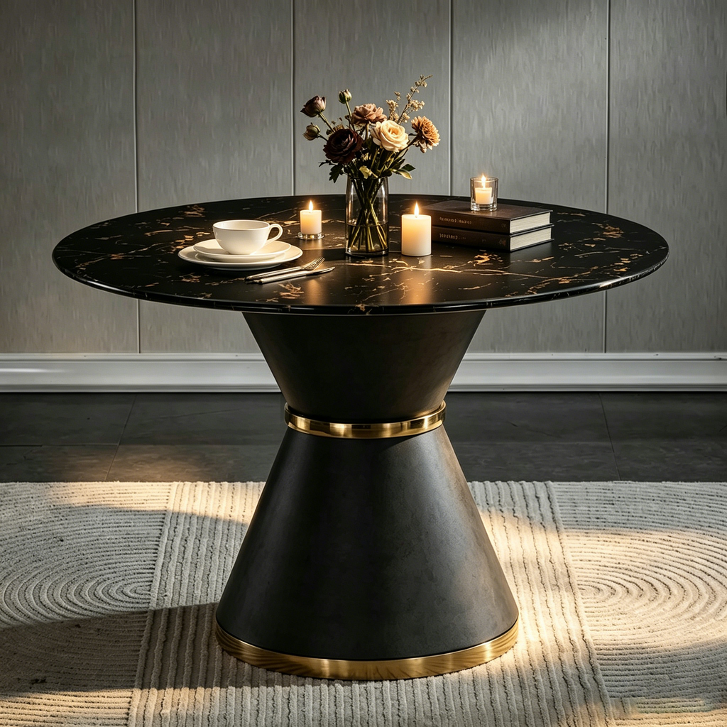 Table à manger ronde à motif marbre noir
