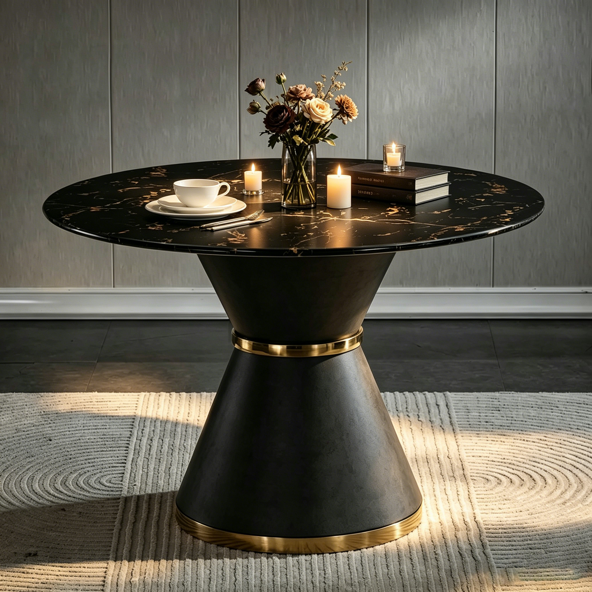 Table à manger ronde à motif marbre noir